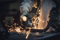 Grinding metal. Steel pipe cutting with flash of sparks close up