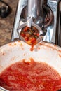 Grinding tomatoes through a meat grinder Royalty Free Stock Photo