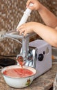 Grinding tomatoes through a meat grinder Royalty Free Stock Photo