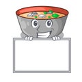 Grinning with board japanese miso soup in cartoon bowl