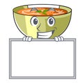 Grinning with board lentil soup in a mascot bowl
