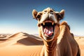 Grinning Camel Comedy: Funny Portrait of a Camel with an Exaggerated Grin, Squinting Eyes, Gazing Directly into the Camera