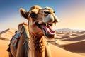 Grinning Camel Comedy: Funny Portrait of a Camel with an Exaggerated Grin, Squinting Eyes, Gazing Directly into the Camera