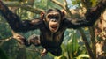 A grinning chimpanzee swinging through the trees using its long arms to exee an impressive king dancer pose