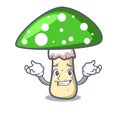 Grinning green amanita mushroom character cartoon