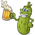 Grinning pickle cartoon character holding a huge mug of beer