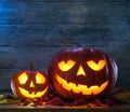 Grinning pumpkin lantern or jack-o`-lantern is one of the symbol