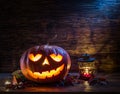 Grinning pumpkin lantern or jack-o`-lantern is one of the symbol