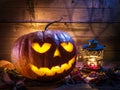 Grinning pumpkin lantern or jack-o`-lantern is one of the symbol