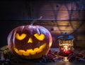 Grinning pumpkin lantern or jack-o`-lantern is one of the symbols of Halloween. Halloween attribute