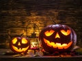 Grinning pumpkin lantern or jack-o`-lantern is one of the symbols of Halloween. Halloween attribute