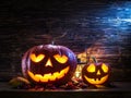 Grinning pumpkin lantern or jack-o`-lantern is one of the symbols of Halloween. Halloween attribute