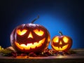 Grinning pumpkin lantern or jack-o-lantern is one of the symbols of Halloween. Halloween attribute.