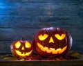 Grinning pumpkin lantern or jack-o-lantern is one of the symbols of Halloween. Halloween attribute