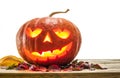 Grinning pumpkin lantern or jack-o-lantern is one of the symbols of Halloween. Halloween attribute