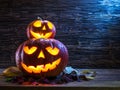 Grinning pumpkin lantern or jack-o-lantern is one of the symbols of Halloween. Halloween attribute. Wooden background