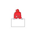 Grinning santa bag close cartoon character style hides behind a board