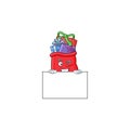 Grinning santa bag full of gift cartoon character style hides behind a board