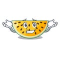 Grinning sliced yellow watermelon on character cartoon