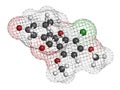 Griseofulvin antimycotic drug molecule. Used to treat fungal infections of the skin and nails. Atoms are represented as spheres Royalty Free Stock Photo