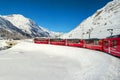 The famous red Bernina Express tourist train is crossing the snow field