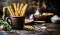 Grissini breadsticks in a cup on rustic background Royalty Free Stock Photo