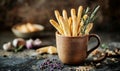 Grissini breadsticks in a cup on rustic background Royalty Free Stock Photo