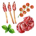 Grissini with prosciutto on a white background. Watercolor illustration