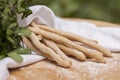Grissini Thin Bread Sticks on wooden cutting board. Royalty Free Stock Photo