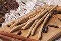Grissini Thin Bread Sticks on wooden cutting board. Royalty Free Stock Photo