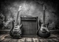 Gritty Black and White Cardboard Models A Visual Exploration of Electric Blues Guitar Amplifier and Harmonica Capturing Royalty Free Stock Photo