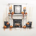 Gritty Elegance: Halloween Fireplace Drawing With Pumpkins