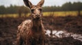 Gritty Reportage: Kangaroo Covered In Mud Standing In Savannah Meadow