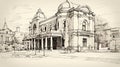 Gritty Reportage Sketch Of Theatrical Barroco Building In Wine Country Italy