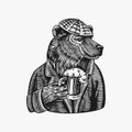 Grizzly Bear with a beer mug. Brewer with a glass cup. Fashion animal character. A wild beast in a newsboy s cap. Hand