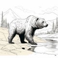 Grizzly Bear Coloring Book Drawing Illustration In Mountainous Vistas Style