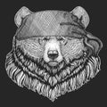 Grizzly bear Cool pirate, seaman, seawolf, sailor, biker animal for tattoo, t-shirt, emblem, badge, logo, patch. Image