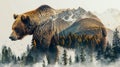 Grizzly bear double exposure design with mountain forest nature background