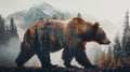 Grizzly bear double exposure design with mountain forest nature background Royalty Free Stock Photo