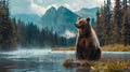 Grizzly bear double exposure design with mountain forest nature background Royalty Free Stock Photo