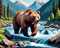 Grizzly bear fishing rocky river stream water fishing artist sketch