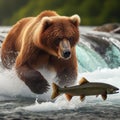 Grizzly bear hunts for salmon in white water river