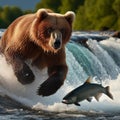 Grizzly bear hunts for salmon in white water river