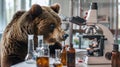 A grizzly bear in a lab coat intently examining a microscope in a high tech laboratory setting