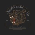 Grizzly Bear logo. Grunge label print. Angry roar of a predator. Badge or emblem Engraved hand drawn old monochrome