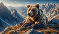 Grizzly bear lying on mountain ridge