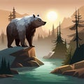 Grizzly Bear standing by river Vibrant Art for postcard or poster in Alaska