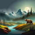 Grizzly Bear standing by river Vibrant Art for postcard or poster in Alaska