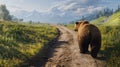 Bear walking on dirt road in front of snowy mountains and green forest Royalty Free Stock Photo