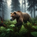 Grizzly bear walks through American forest